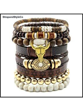 8pc Turquoise Beaded Faux Leather Concho Ox-Head Charm Stretch Bracelet Set